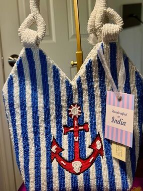 NWT Handcrafted in India Beaded Striped Anchor Shoulder Bag